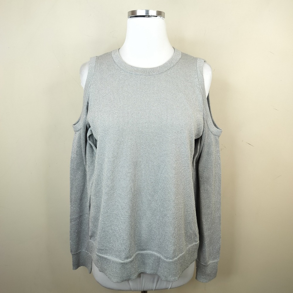 Michael Kors Cold Shoulder Metallic Sweater Large Silver Knit Party